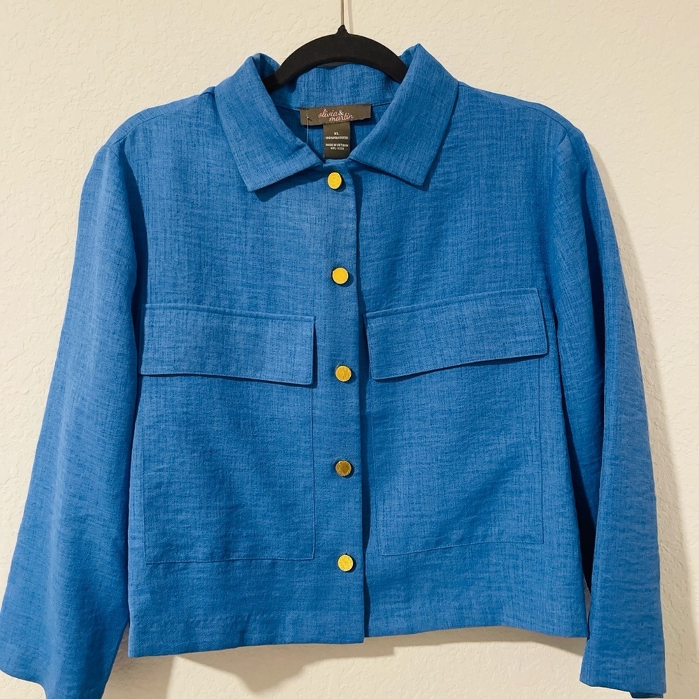 Blue Button-Up Cropped Women's Blazer - Picture 1 of 4